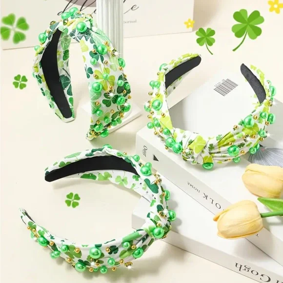 Green & Gold Beaded Shamrock Headband - Picture 4 of 5